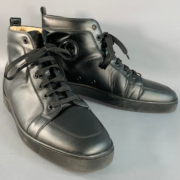 CHRISTIAN LOUBOUTIN Size 13 Louis Black Leather High Top Lace-Up Sneakers - Picture 1 of 9